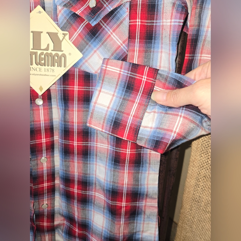 NWT Boy's Ely Cattleman Multicolor Plaid Shirt Size 12 Red White Blue - Picture 3 of 10